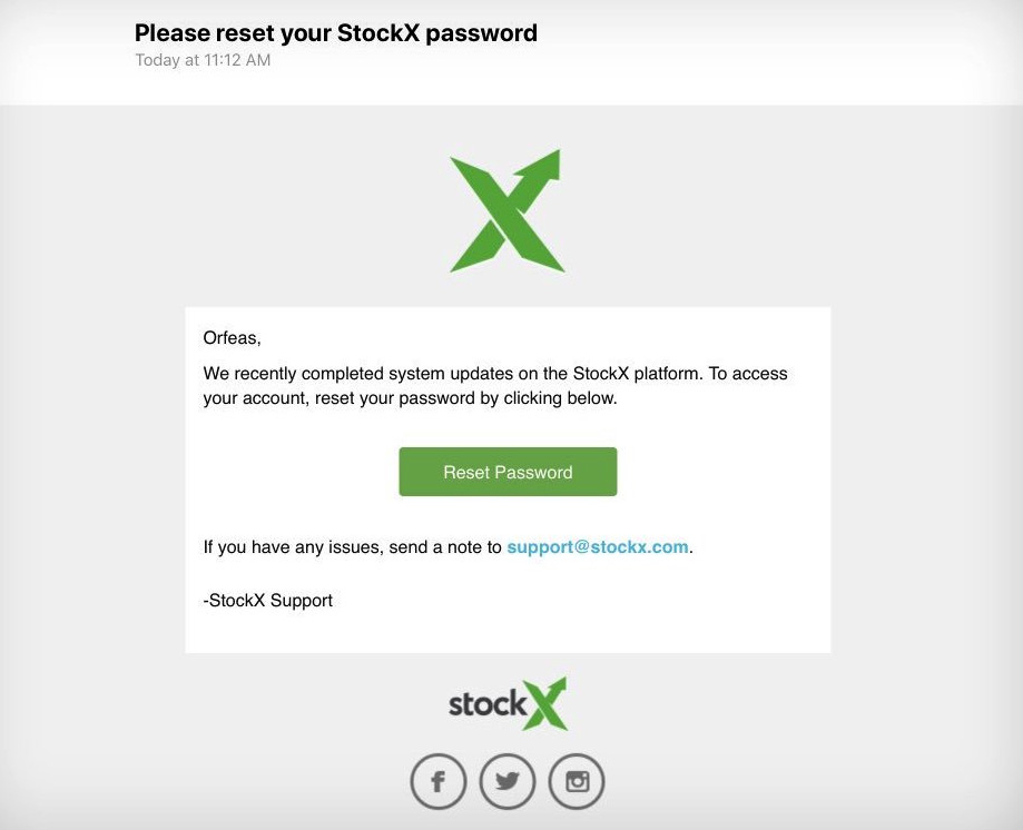 StockX Password Reset