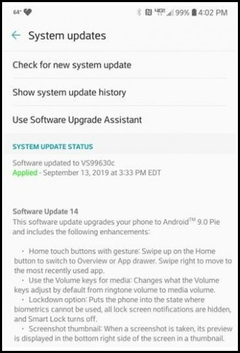 LG V30 Verizon Android Pie Update