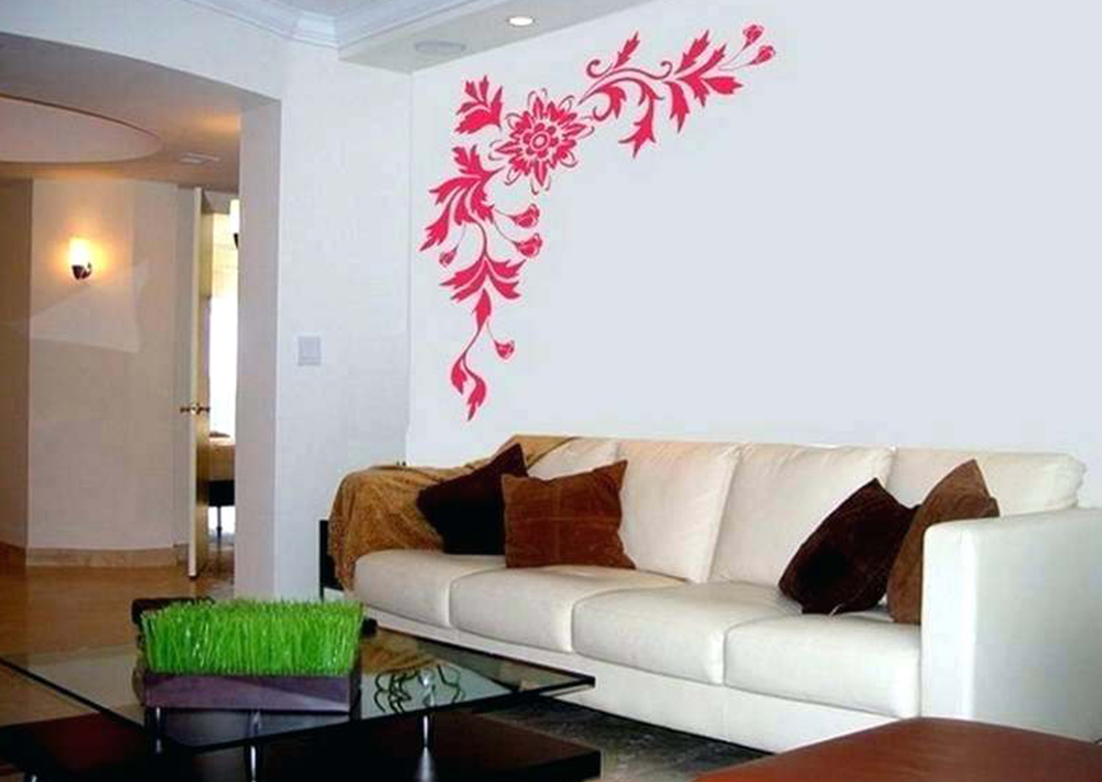 Red Flowers Painting Design On Living Room Wall