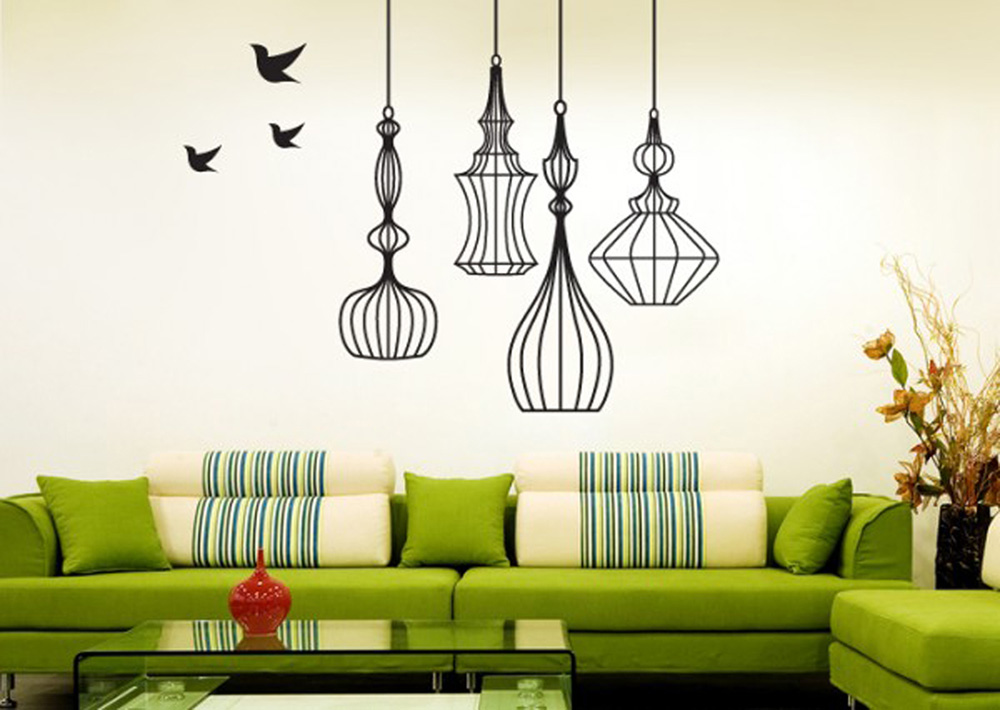 Unique Wall Decoration with Lamps and Birds Paintings