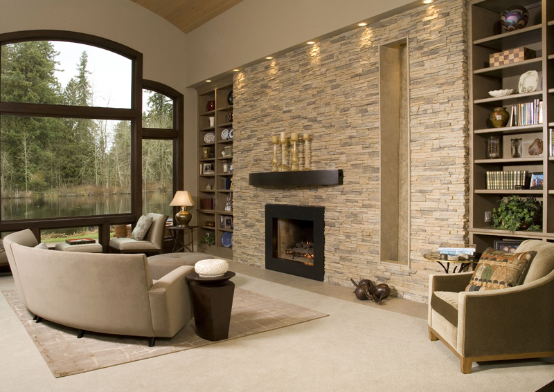 Contemporary Living Room Rock Wall Design