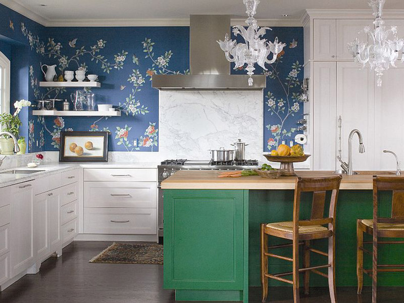 Colorful Kitchen Cabinet With Wallpapered Wall Marble
