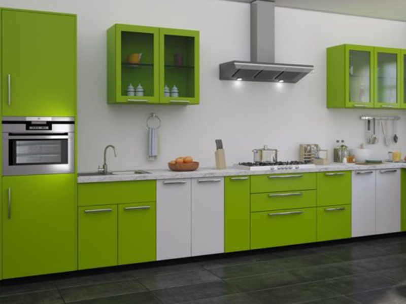 Green With White Color Combination Kitchen Cabinet