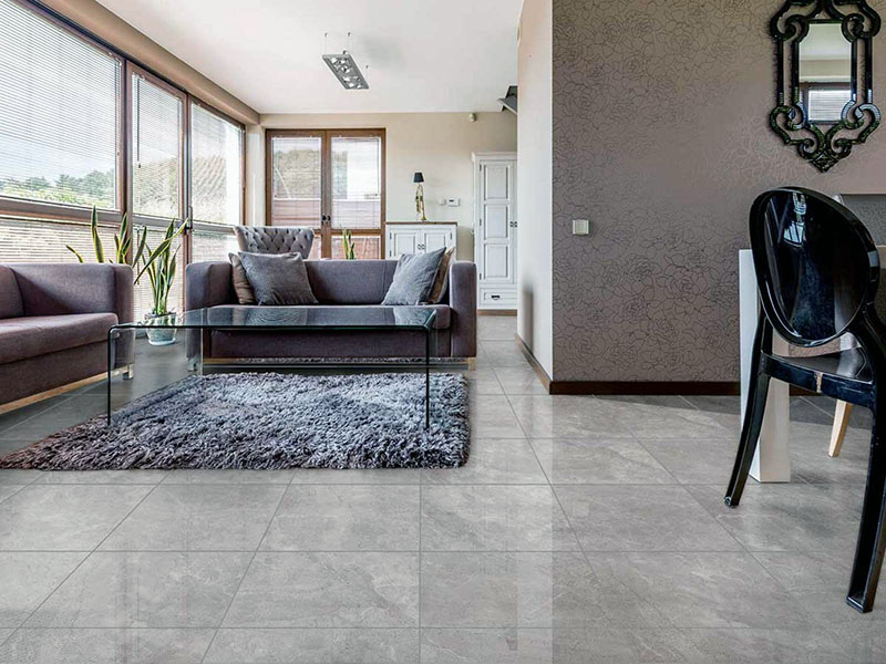 Grey Shiny Ceramic Floor Tiles In Living Room