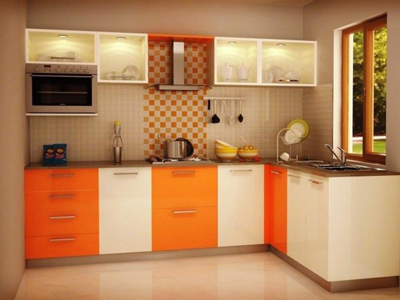 Orange And Wood Color Design Of Kitchen