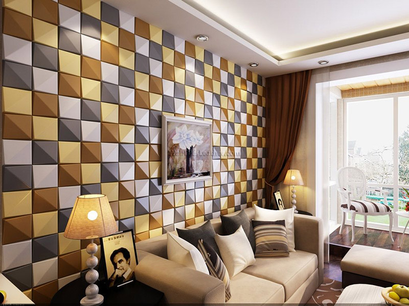 Silver Gold And White Marble Tile Wall Living Room