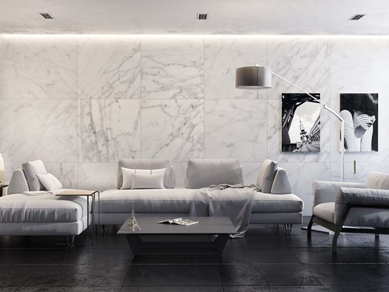 White Marble Tile Living Room