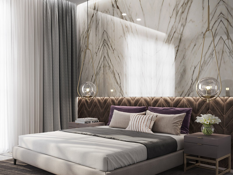 White Marble Wall Bedroom With Gold Lighting And Grey