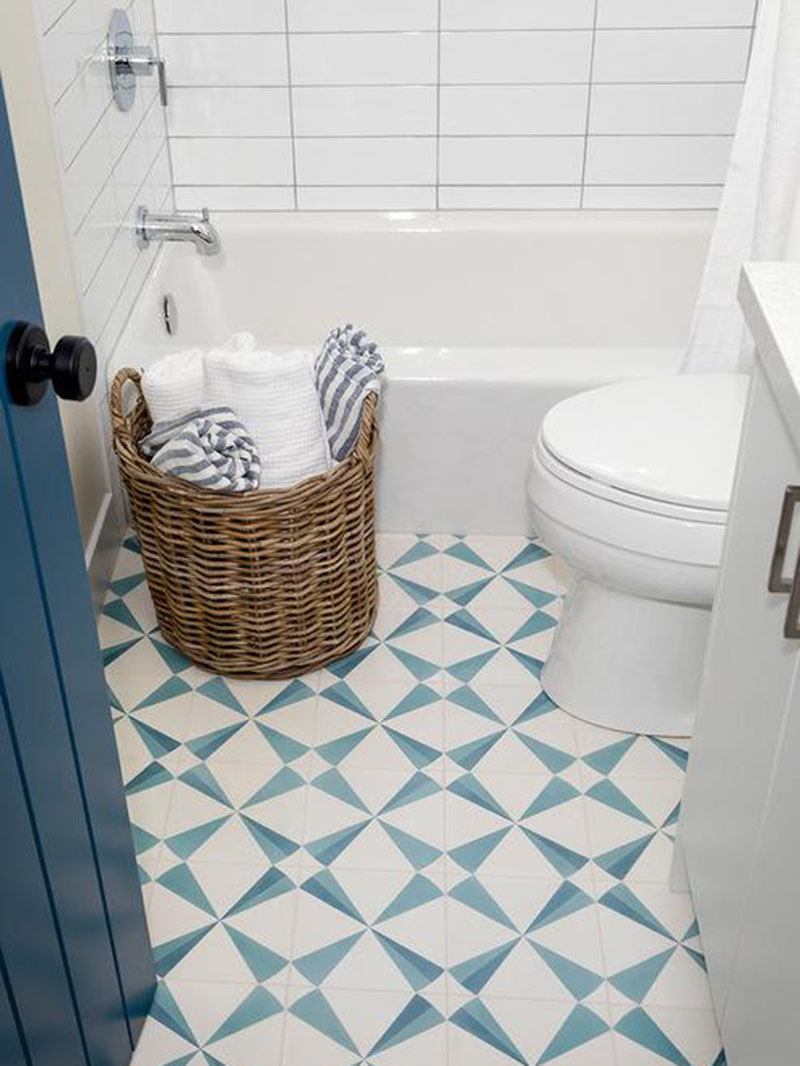 White And Blue Geometric Bath Floor Tiles