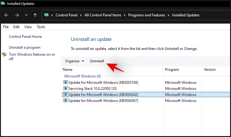 Select Uninstall Windows 11 Update
