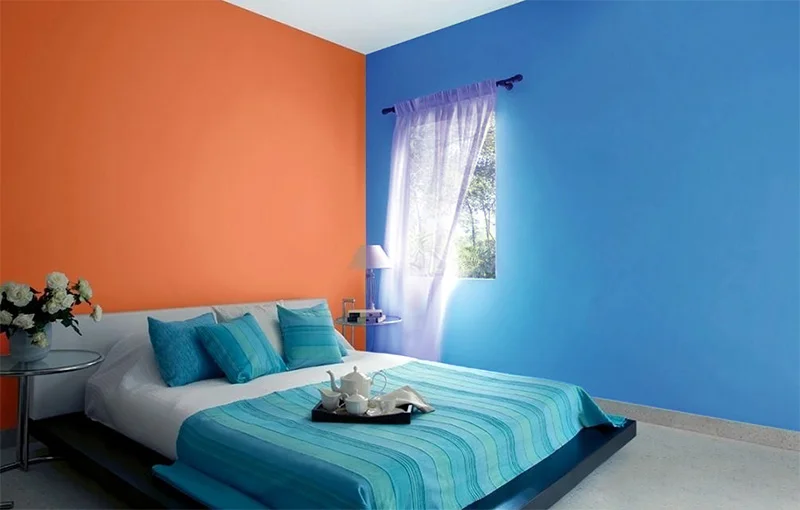 Blue and Orange two colour combination for bedroom walls