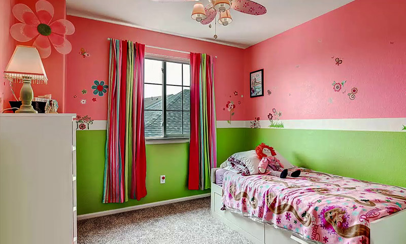 Green and peach pink color for bed room