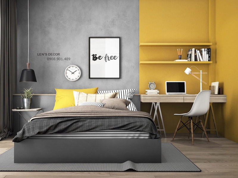 Grey and Pastel yellow bedroom wall