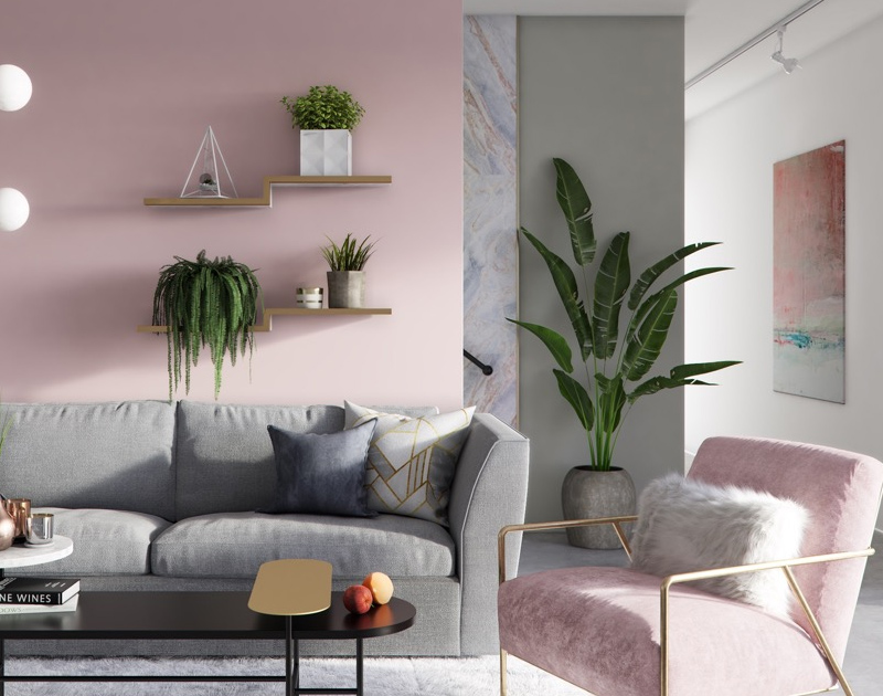 Grey and rosy pink colour scheme for living room