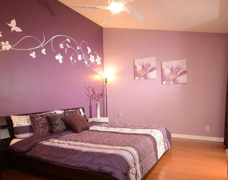 Purple and beige two colour combination for bedroom walls 