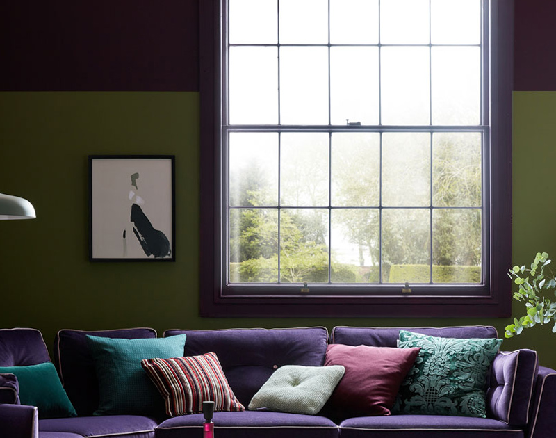 Purple and green colour combination for living room wall 