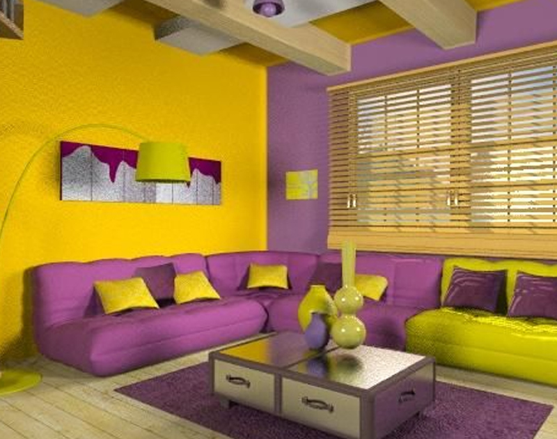 Purple And Yellow Colour Combination For Living Room Wall