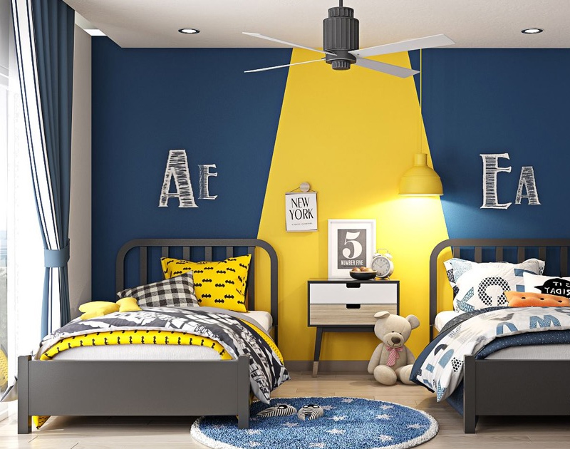 Yellow with a blue combination bedroom