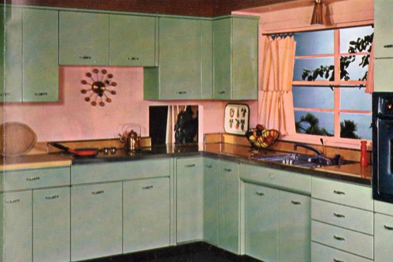 Pink and green colour kitchen