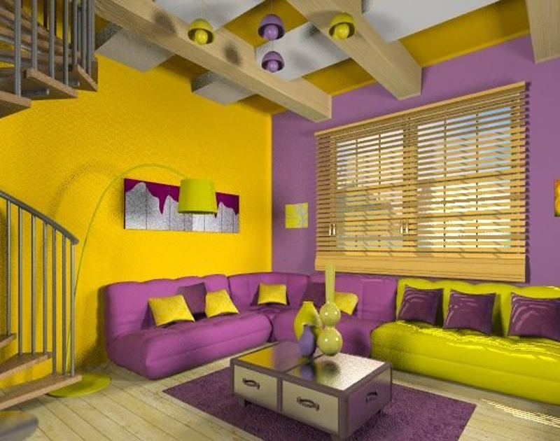 Yellow And Purple Combination For Living Room