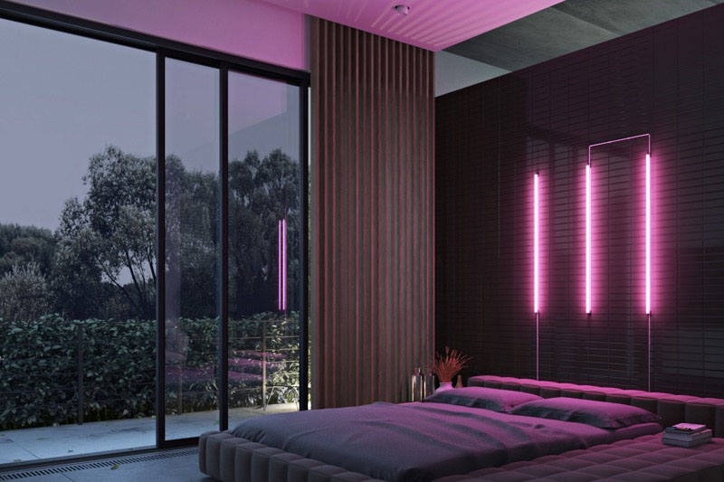Purple  bedroom with neon lights