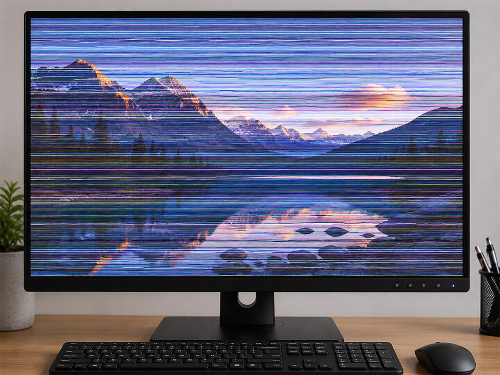 Computer monitor showing horizontal lines due to screen malfunction